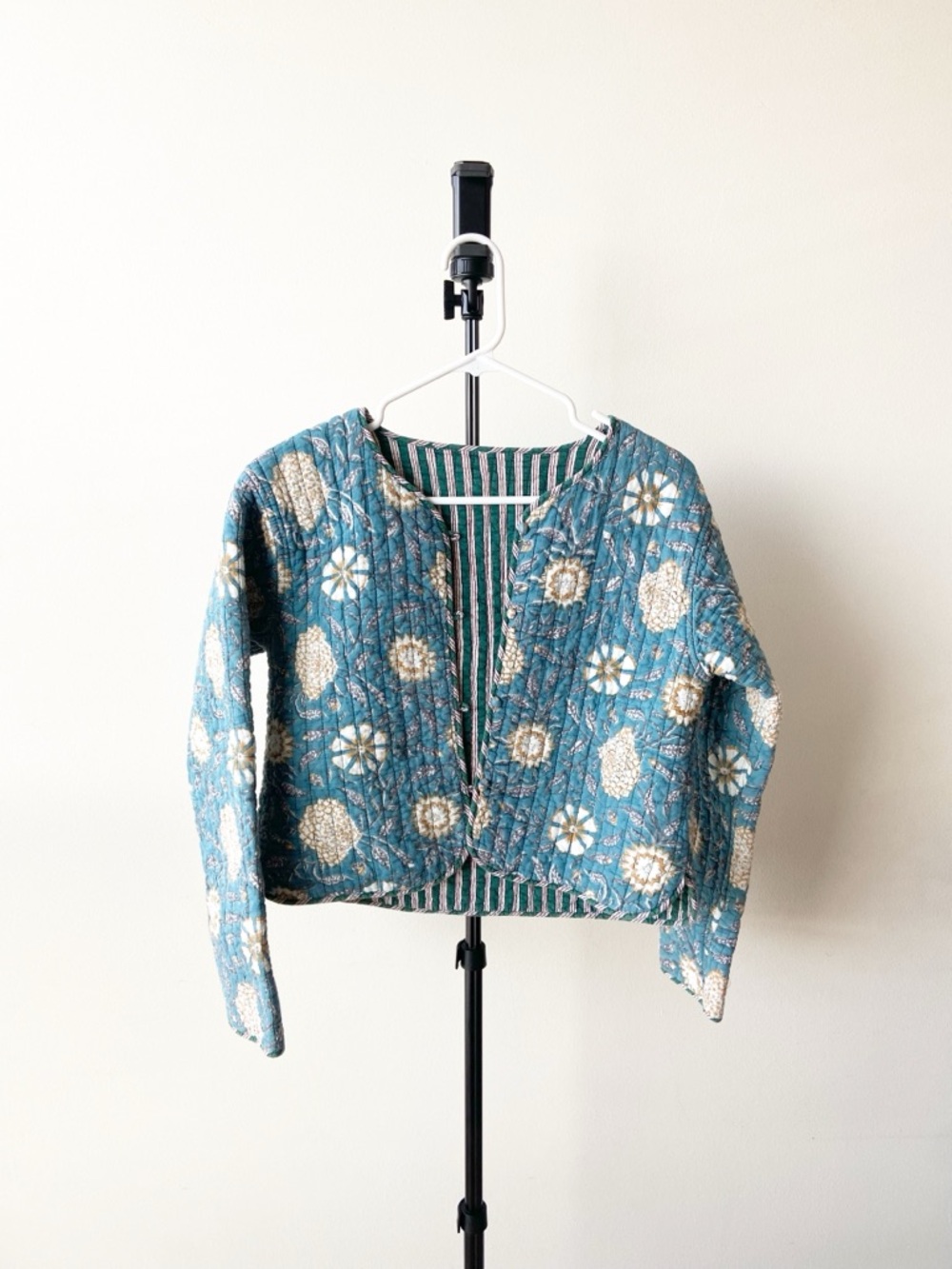 Teal Quilted Floral Cropped Jacket